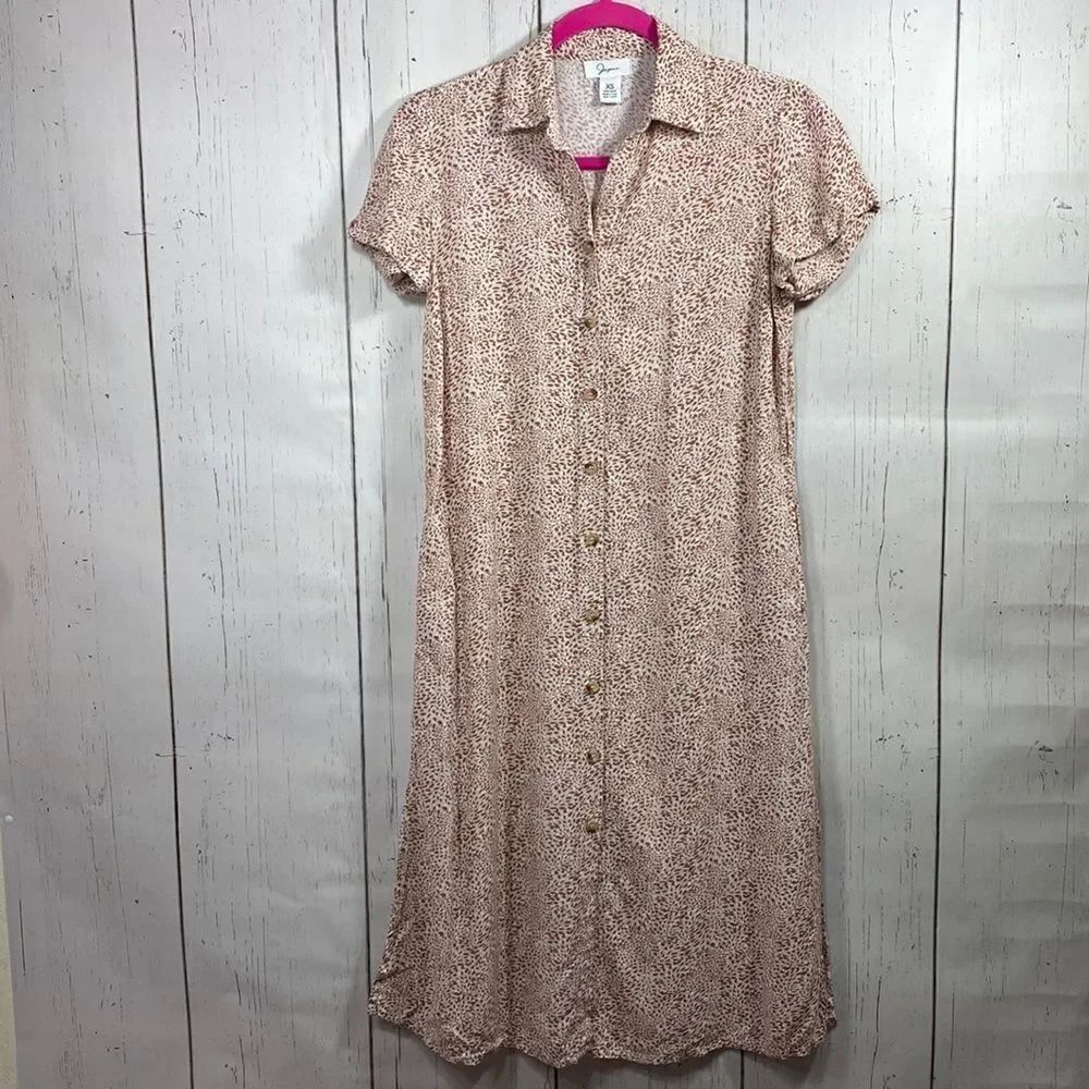 Japna Beige Brown Animal Print Button Front Shirt Dress XS Boho Casual Safari